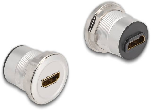 Deux prises HDMI cylindriques en métal, avec des bordures de couleurs différentes, sur un fond blanc.