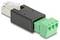 Un adaptateur RJ45 noir et vert avec fiche métallique et serre-câbles, adapté aux connexions réseau.