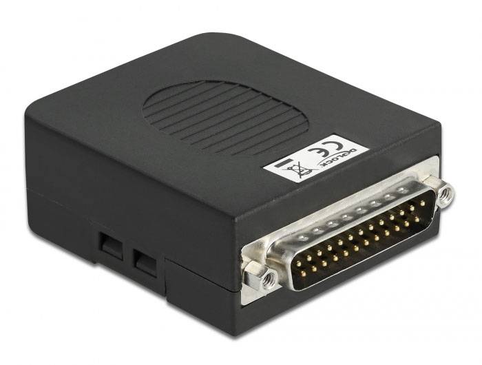 Adaptateur noir avec connecteur à 25 broches en parallèle, marquage CE visible. L'appareil est posé sur une surface plane.