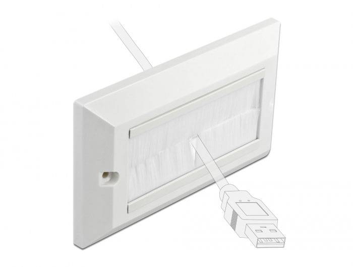 Passage murale blanc avec brosses, adapté pour les câbles tels que l'USB, permettant de faire passer les câbles de manière propre et ordonnée à travers un mur.