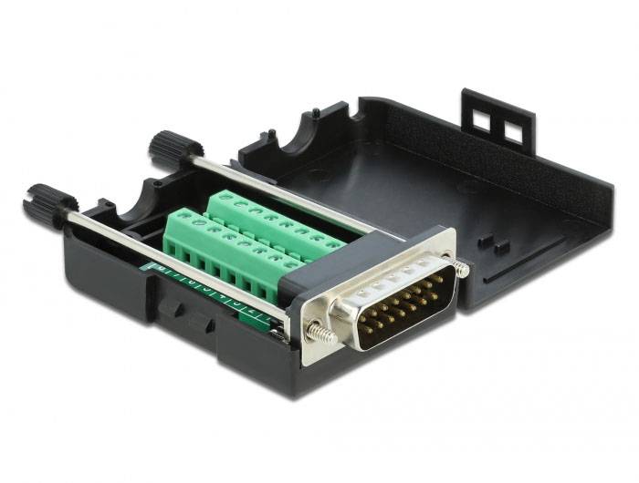 'Boîtier ouvert avec connecteur D-Sub 15 broches et bornes à vis vertes, pour le câblage des connexions électriques.'