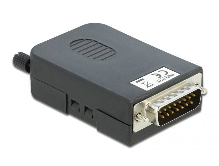Un adaptateur série noir à plusieurs broches, fréquemment utilisé pour connecter des périphériques informatiques anciens ou pour le transfert de données.