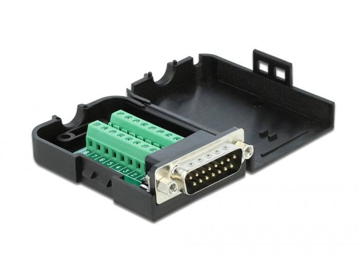 Adaptateur noir avec couvercle ouvert, montrant des bornes de connexion vertes et un connecteur argenté à broches multiples.