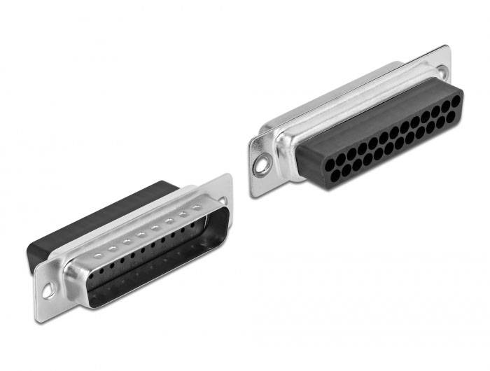 Deux fiches d'interface parallèles, une connexion mâle et une femelle, avec des boîtiers argentés et des contacts noirs.