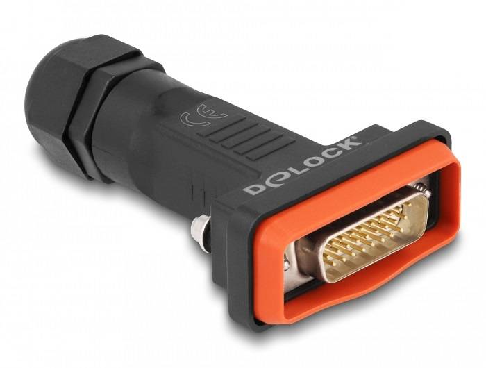 Connecteur DVI avec boîtier noir et bord orange, marqué 'DELOCK'.