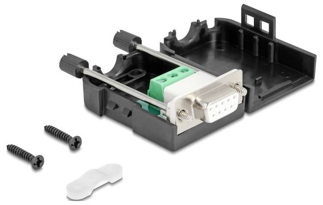 Un boîtier noir ouvert avec une prise DB9, des vis et des attaches de câble. Adapté pour les connexions électroniques ou les réparations.