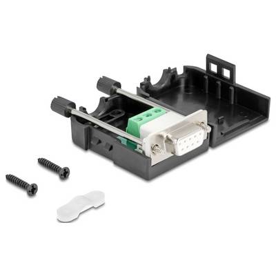 Un boîtier noir ouvert avec une prise DB9, des vis et des attaches de câble. Adapté pour les connexions électroniques ou les réparations.