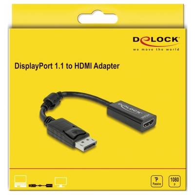 'Adaptateur Delock DisplayPort 1.1 vers HDMI' sur fond jaune. Adaptateur présentant un connecteur DisplayPort et un connecteur HDMI câblés.