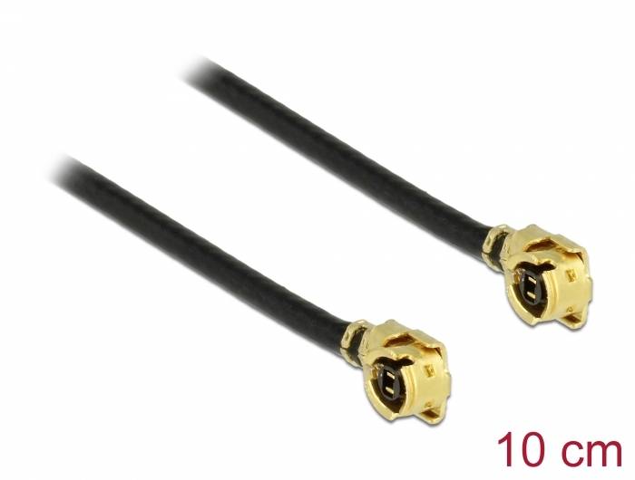 Deux câbles U.FL avec des connecteurs dorés, longs de 10 cm. Adaptés aux communications sans fil dans les appareils électroniques.