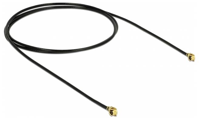 Câble coaxial noir avec des connecteurs dorés aux deux extrémités, adapté aux connexions haute fréquence.