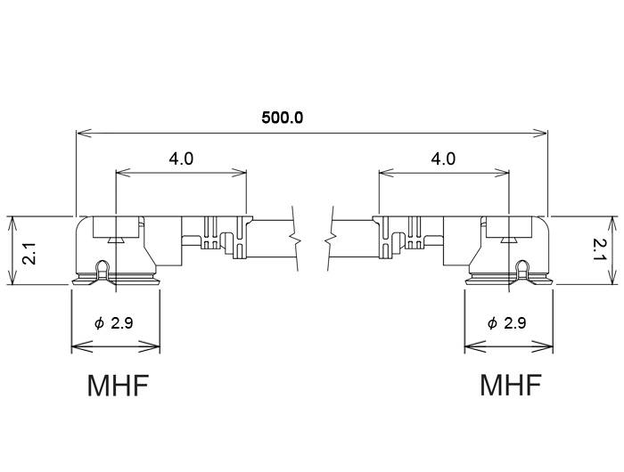 Dessin technique d'une connexion avec deux connecteurs MHF. Longueur totale 500,0 ; Hauteur 2,1 ; Diamètre 2,9 ; Largeur 4,0 par côté.