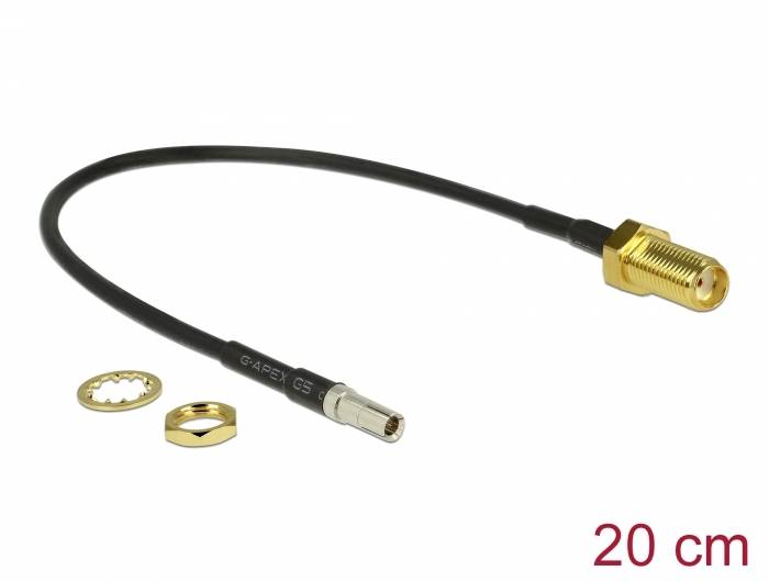 Câble coaxial avec deux connecteurs dorés et accessoires de montage. Étiqueté '20 cm'.
