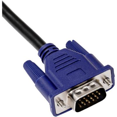 Connecteur VGA bleu avec câble noir. La fiche possède 15 broches et est fréquemment utilisée pour connecter des écrans.