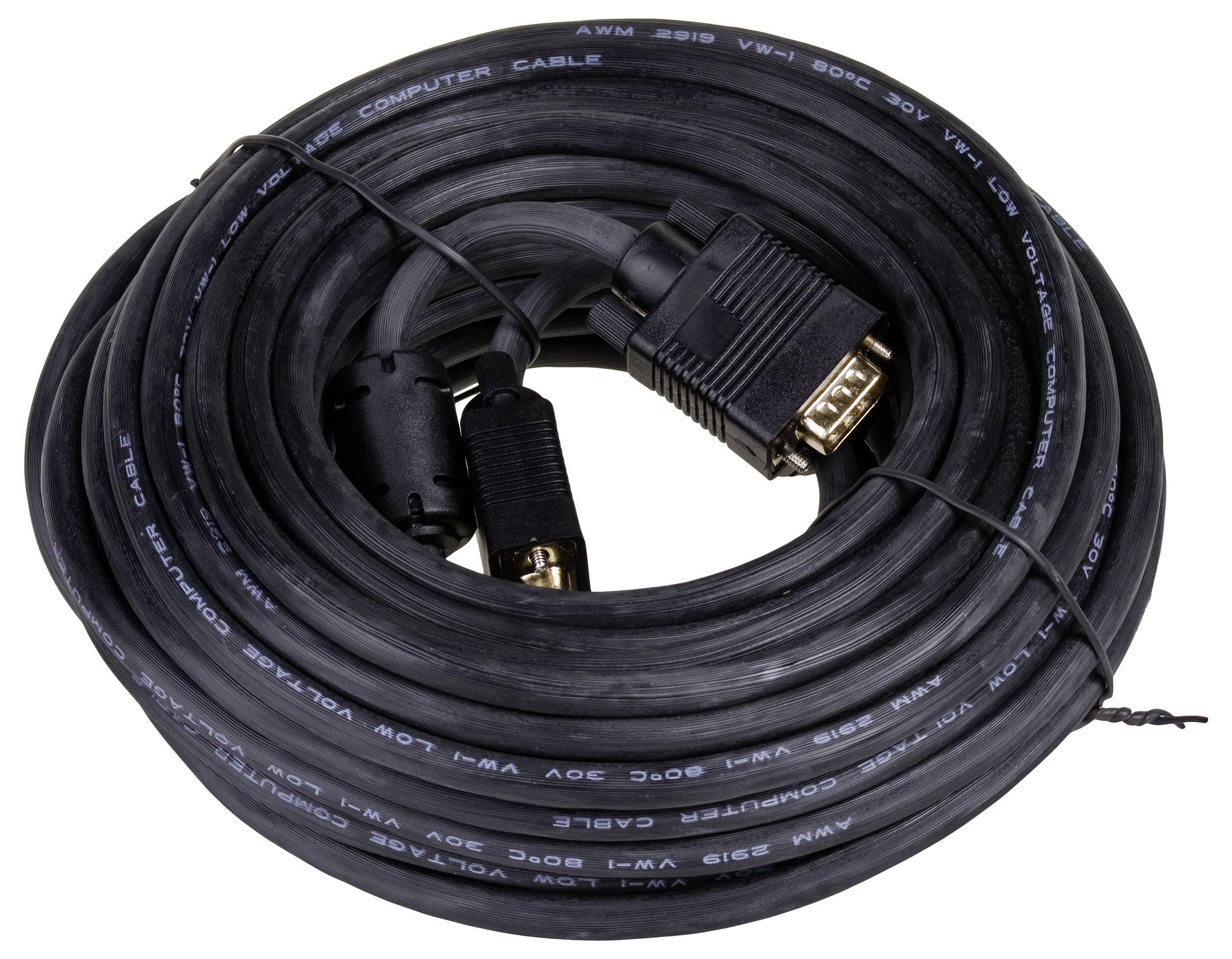 Un long câble VGA noir enroulé avec une prise VGA visible ; utilisé pour connecter des moniteurs et des cartes graphiques.