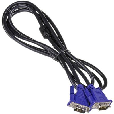 Un long câble VGA noir avec deux connecteurs bleus à ses extrémités, utilisé pour connecter des ordinateurs à des écrans.