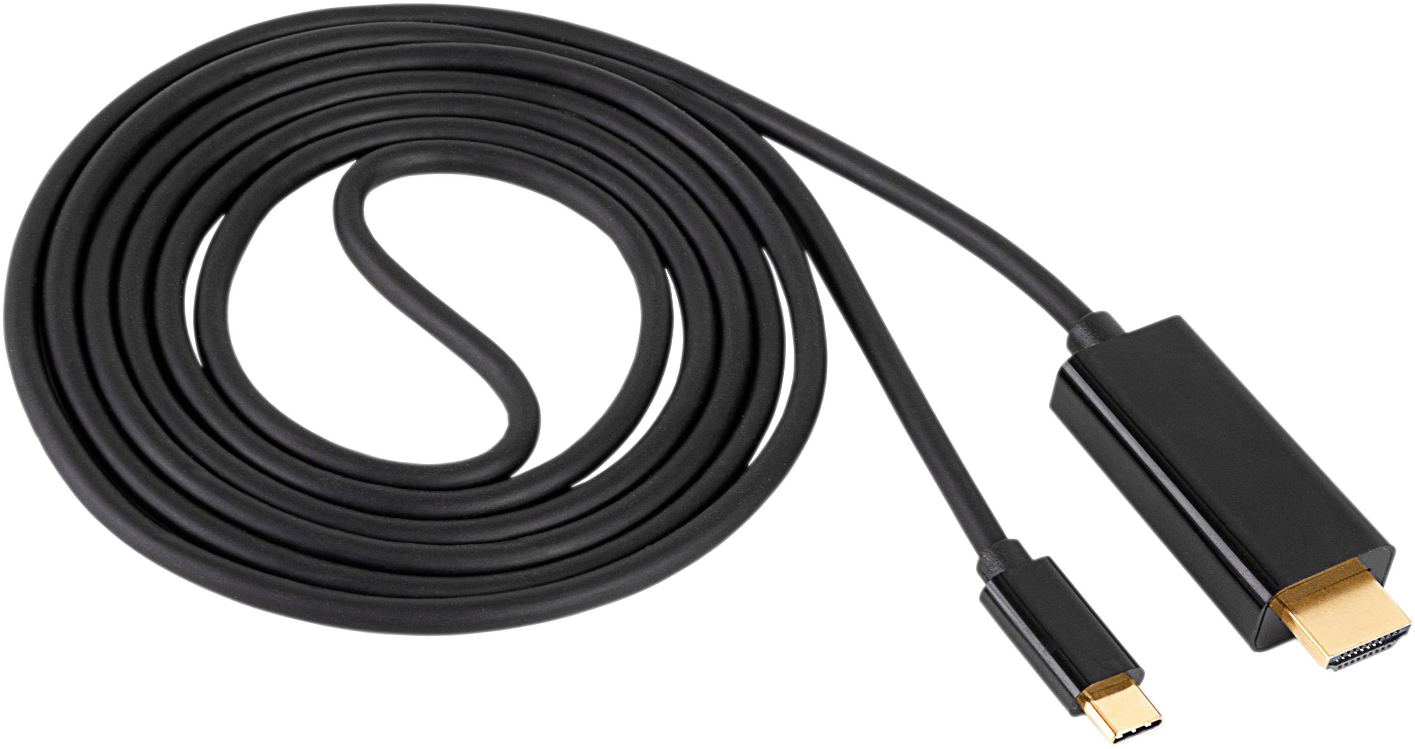 Un long câble HDMI noir avec une fiche USB-C d'un côté et une fiche HDMI de l'autre, pour les connexions vidéo.