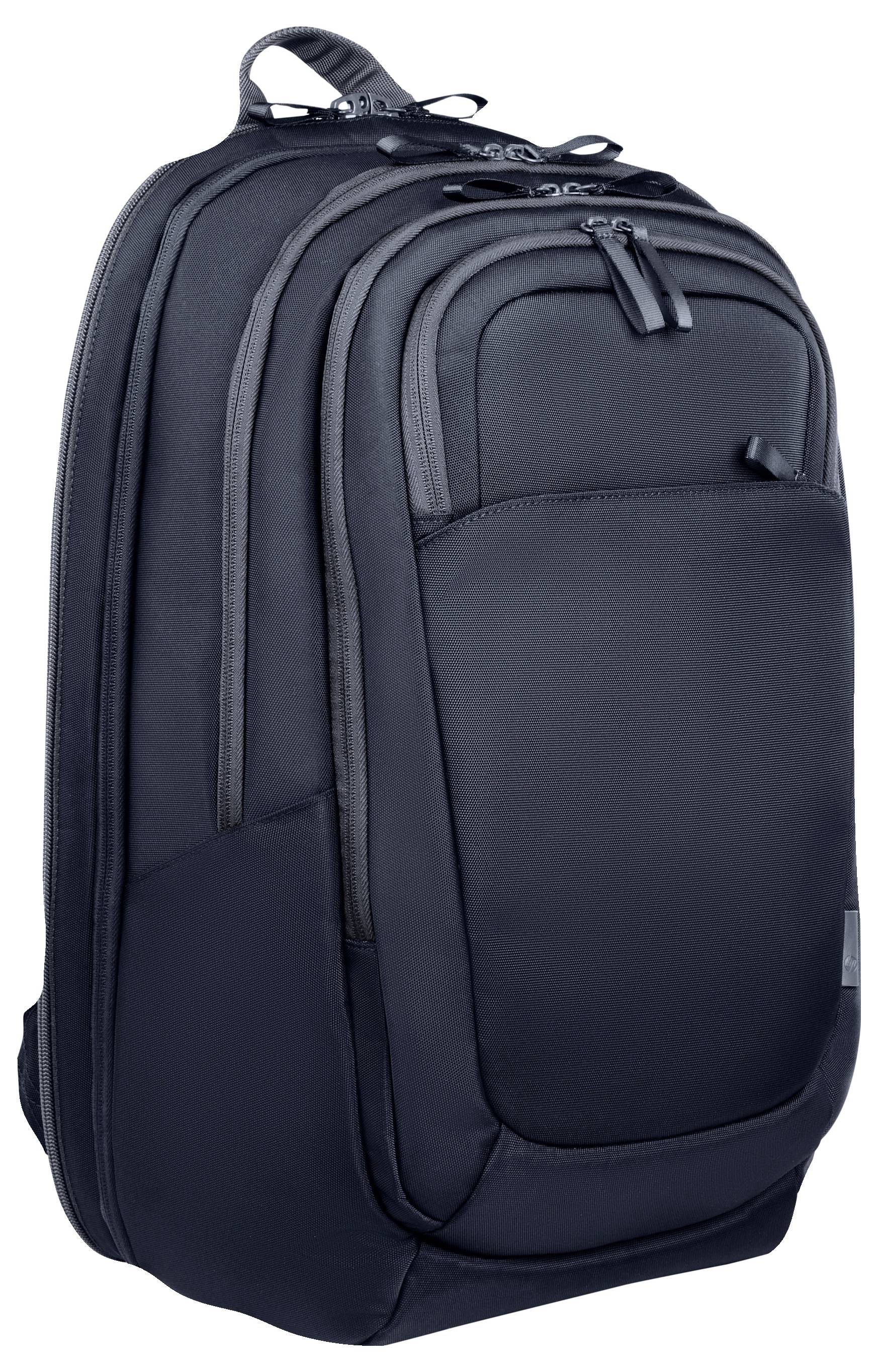 Un sac à dos noir avec plusieurs compartiments et fermetures éclair, adapté à un usage quotidien et aux voyages.