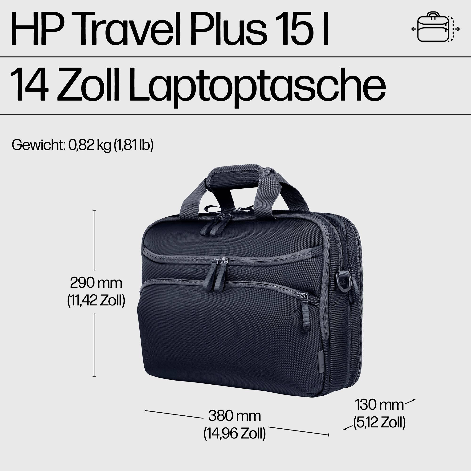 'HP Travel Plus 15 l 14 pouces sacoche pour ordinateur portable' aux dimensions : 290 mm x 380 mm x 130 mm, poids : 0,82 kg. Présentée en noir.