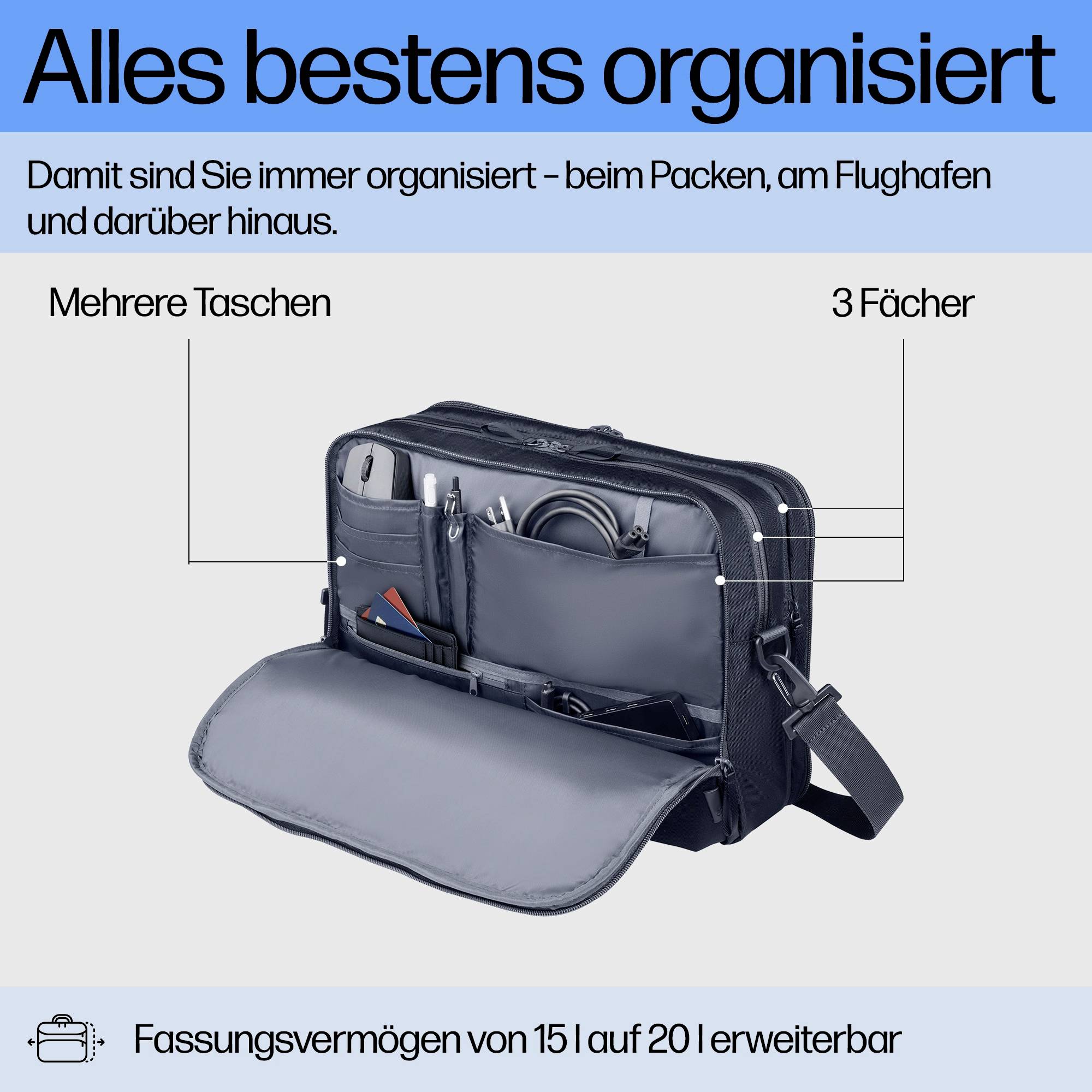 Sac de voyage à plusieurs poches, adapté pour ranger des objets. Texte : 'Tout parfaitement organisé', 'Capacité de 15 l sur 40 x 30 x 10 cm'.
