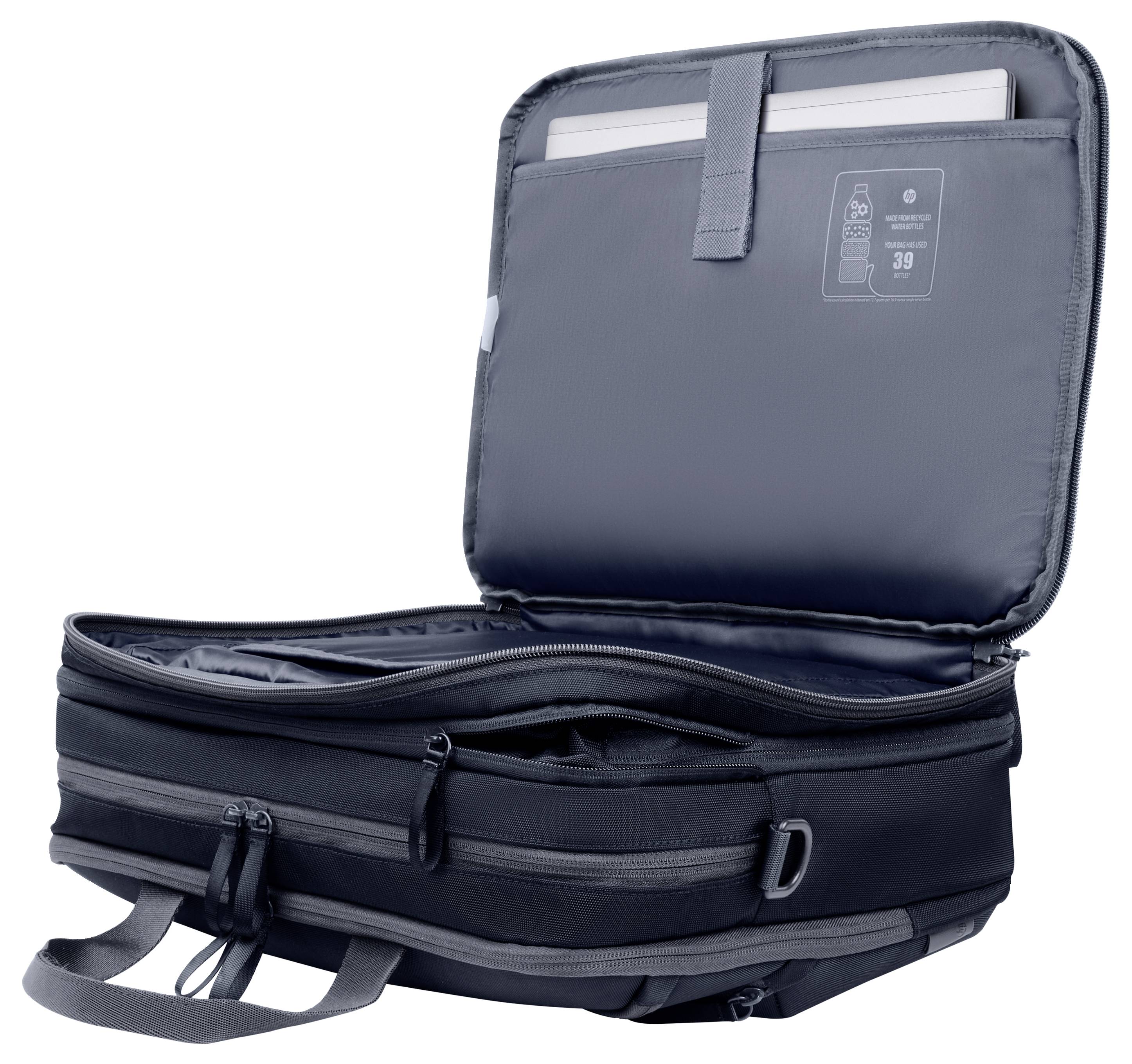 Un sac à ordinateur portable noir ouvert avec plusieurs compartiments et un ordinateur portable dans le compartiment principal. Idéal pour les voyages et les déplacements professionnels.