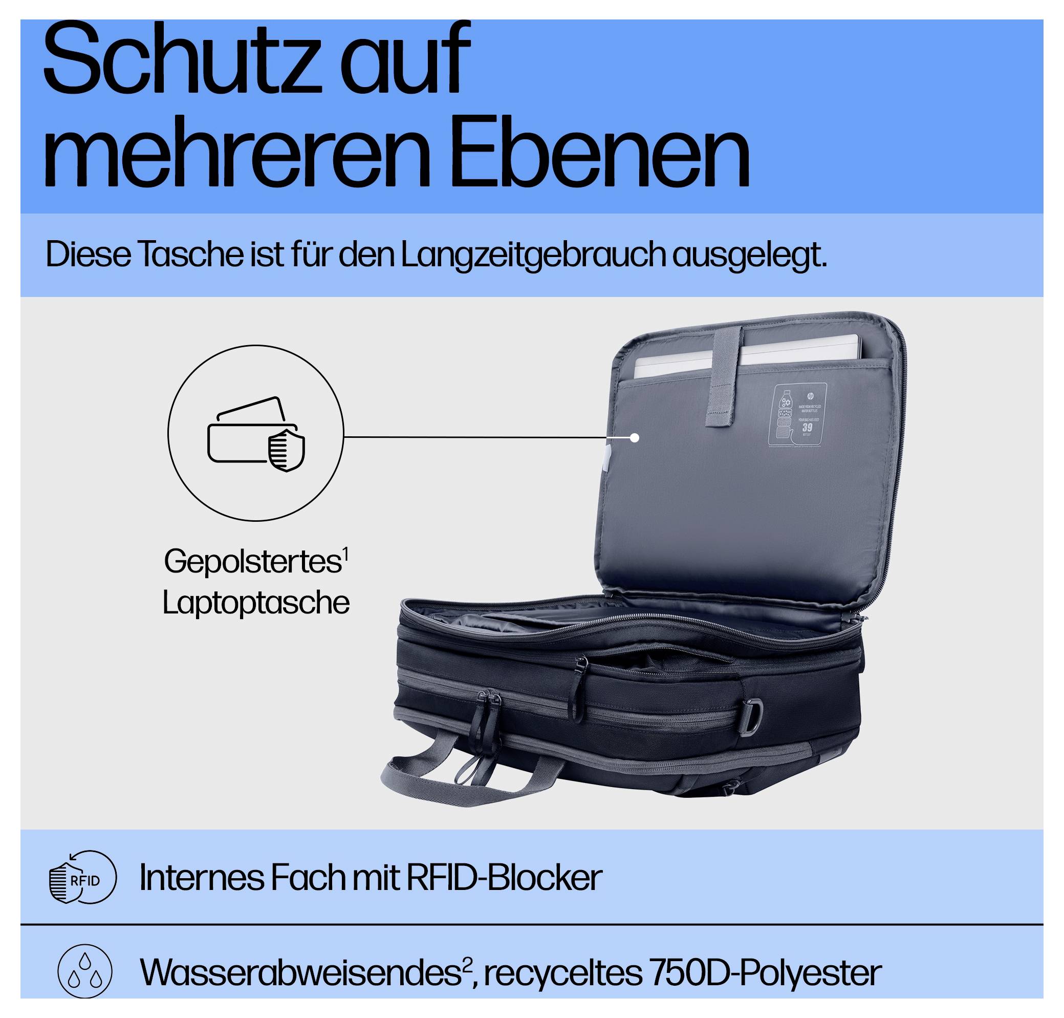Sacoche pour ordinateur portable ouverte avec plusieurs compartiments, idéale pour une utilisation prolongée. Comprenant un compartiment RFID et fabriquée dans un matériau imperméable et recyclé.