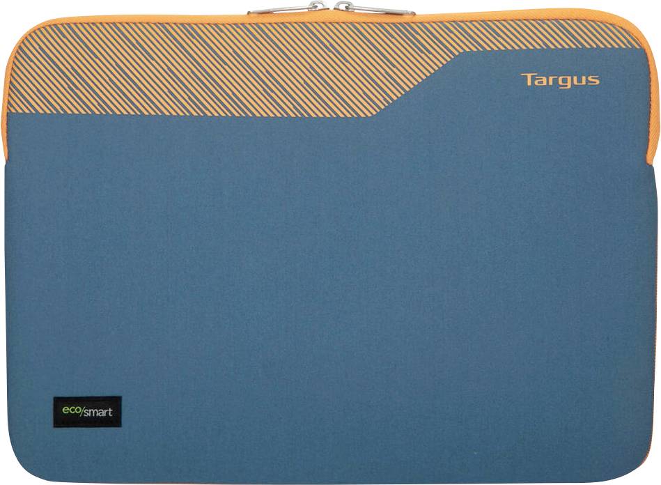 Housse pour ordinateur portable en bleu avec une bande orange, logo 'Targus' dans le coin. Convient à la protection des appareils.