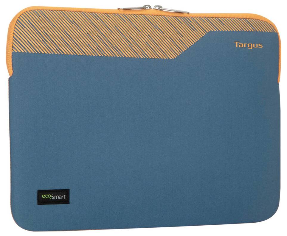 Housse pour ordinateur portable en bleu avec des accents orange. 'Targus' est inscrit en haut à droite. Un label 'ecosmart' est situé en bas à gauche.
