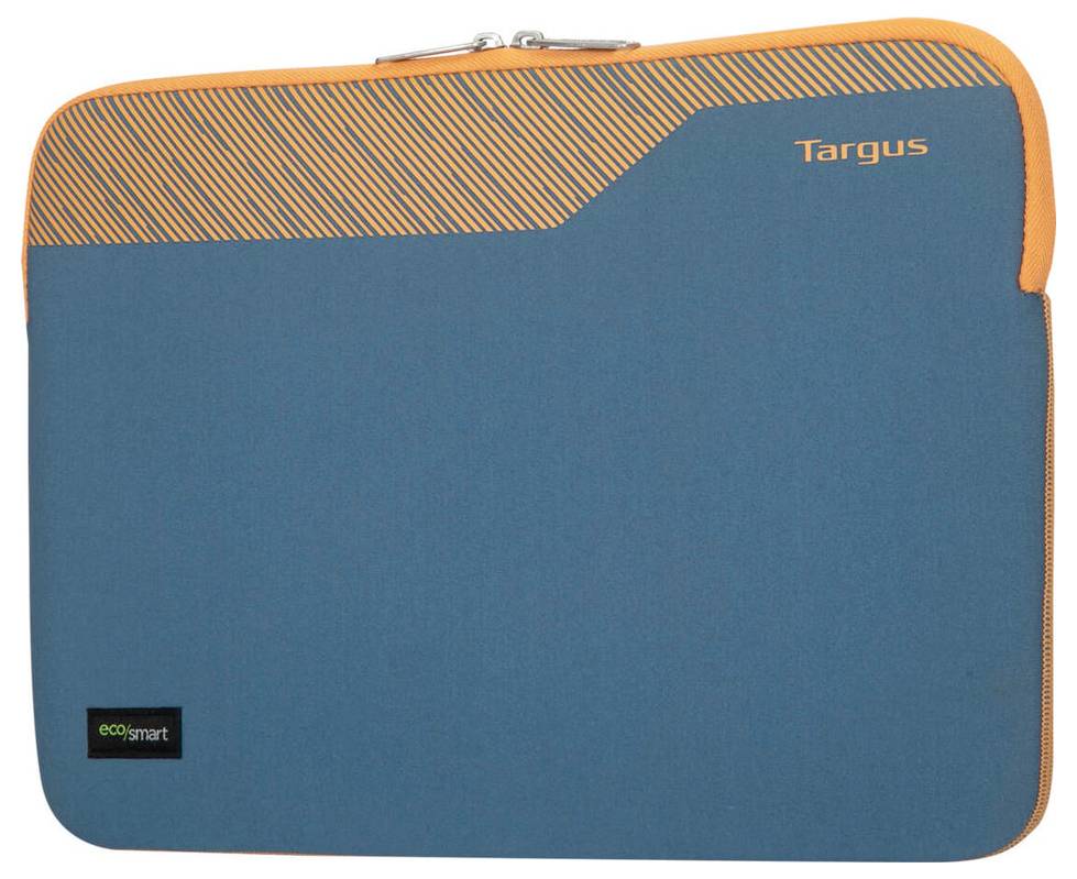 Housse d'ordinateur portable en bleu et orange avec l'inscription 'Targus', logo EcoSmart en bas à gauche ; utilise des matériaux respectueux de l'environnement.