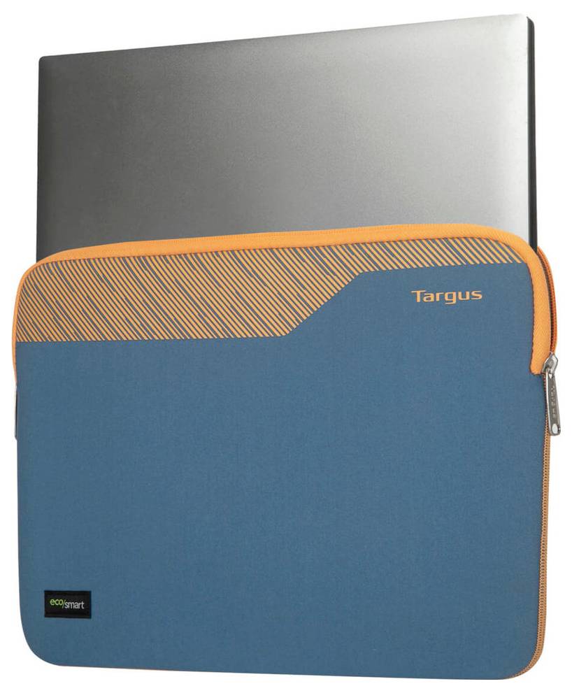 Une housse de portable bleu avec des accents orangés et une fermeture à glissière. Ordinateur portable partiellement visible au-dessus.