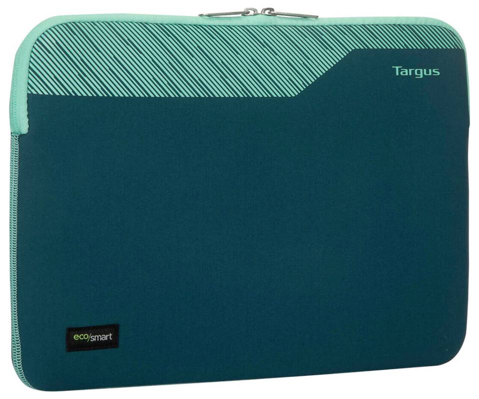 Une pochette pour ordinateur portable vert foncé avec fermeture éclair, arborant le logo 'Targus' en haut à droite. En bas à gauche, on peut voir l'étiquette 'ecosmart'.