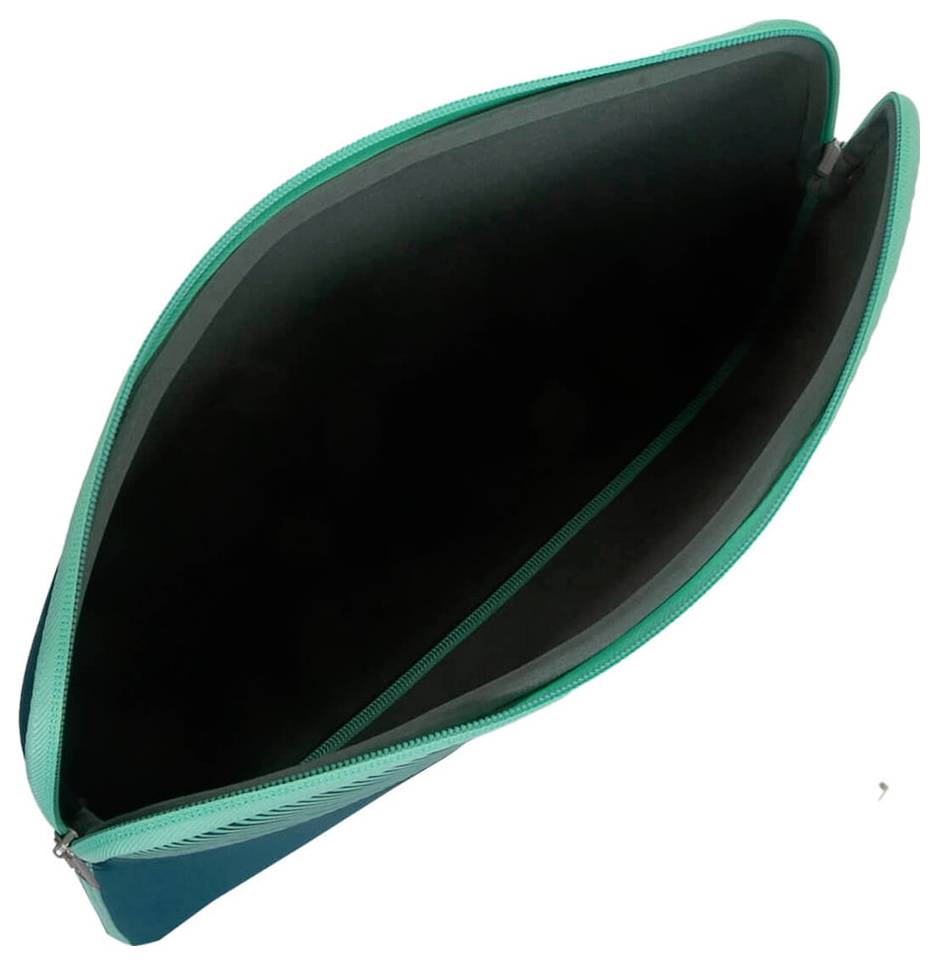 Un étui ouvert, vert, avec un doublure intérieure noire. Il est vide, et la fermeture éclair est partiellement ouverte.