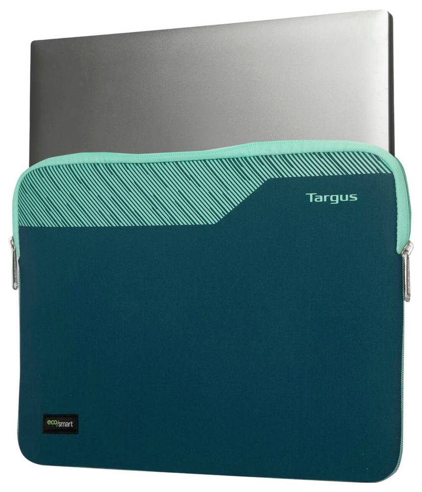 Une housse de portable Targus, turquoise et bleu foncé, à moitié ouverte avec un ordinateur portable partiellement visible à l'intérieur.