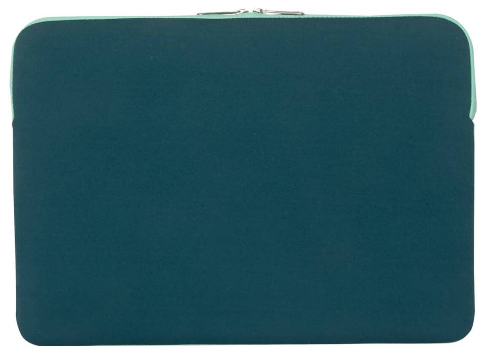 Housse pour ordinateur portable verte au design simple et épuré, avec une fermeture à glissière apparente sur le bord supérieur.