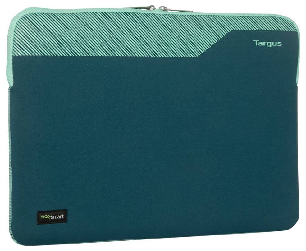Pochette pour ordinateur portable bleu-vert de Targus, étiquetée 'ecosmart', conçue pour protéger et transporter les ordinateurs portables.