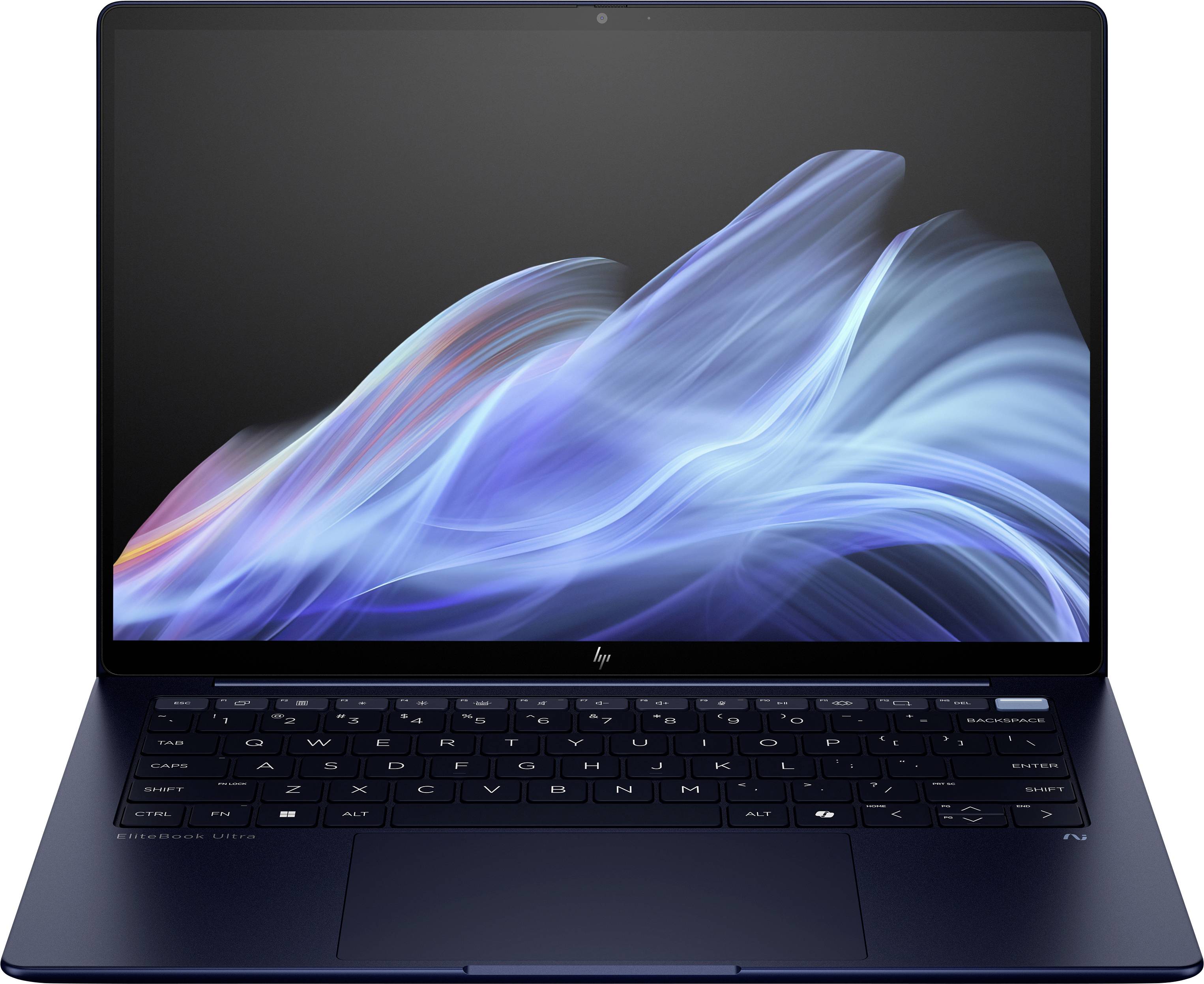 Un ordinateur portable moderne avec un clavier noir et un écran affichant un motif abstrait bleu.