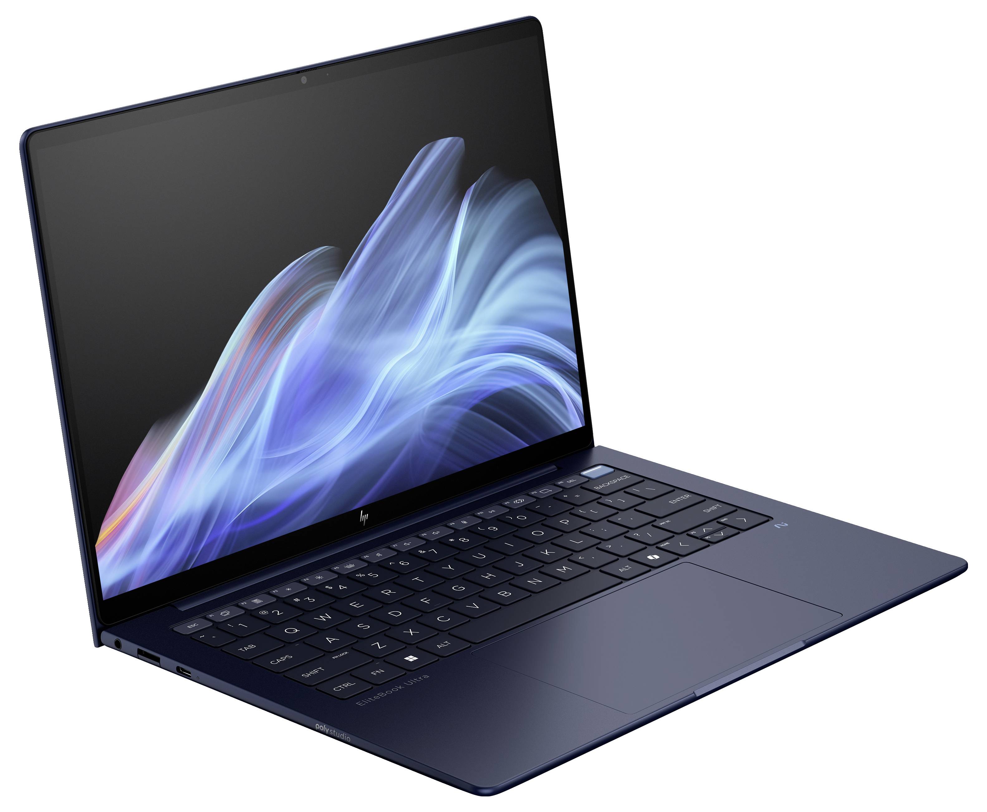 Un ordinateur portable fin, ouvert, avec un clavier noir et un écran affichant des ondes lumineuses bleues abstraites.