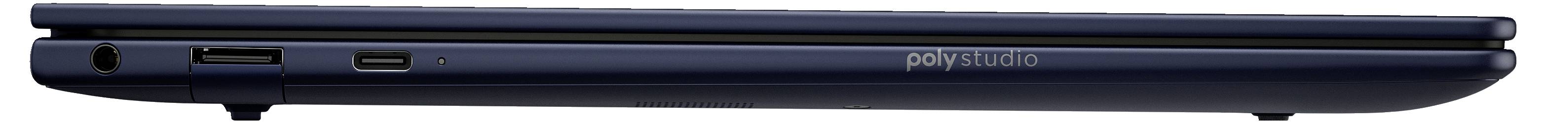 Un ordinateur portable fermé de couleur bleu foncé, vu de profil. Plusieurs ports sont visibles sur le côté.