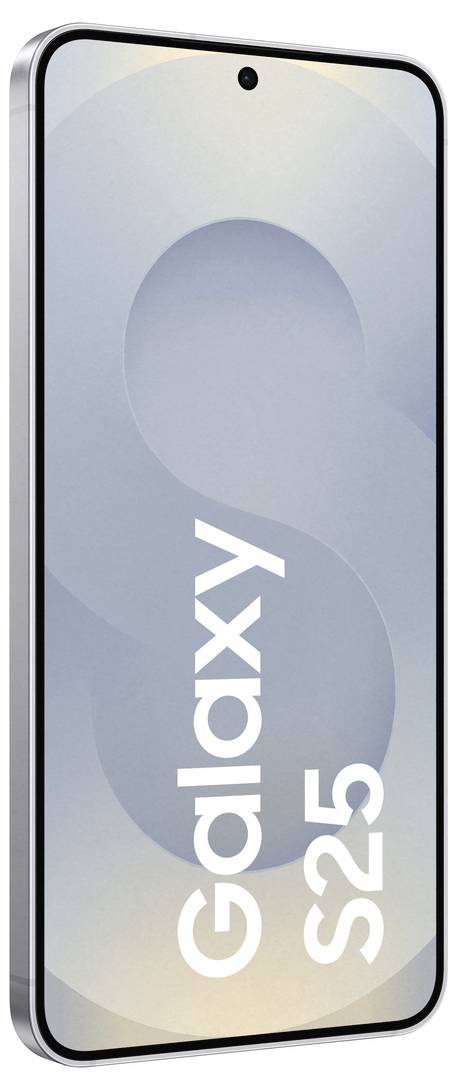 Smartphone en vue oblique avec l'inscription 'Galaxy S25' sur l'écran.