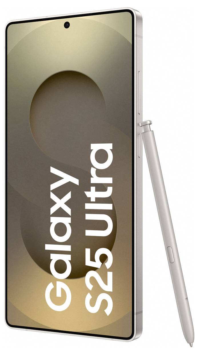 Smartphone 'Galaxy S25 Ultra' avec un stylet sur le côté, écran affichant un grand 'S' et le nom du modèle. Design élégant, cadre couleur or.