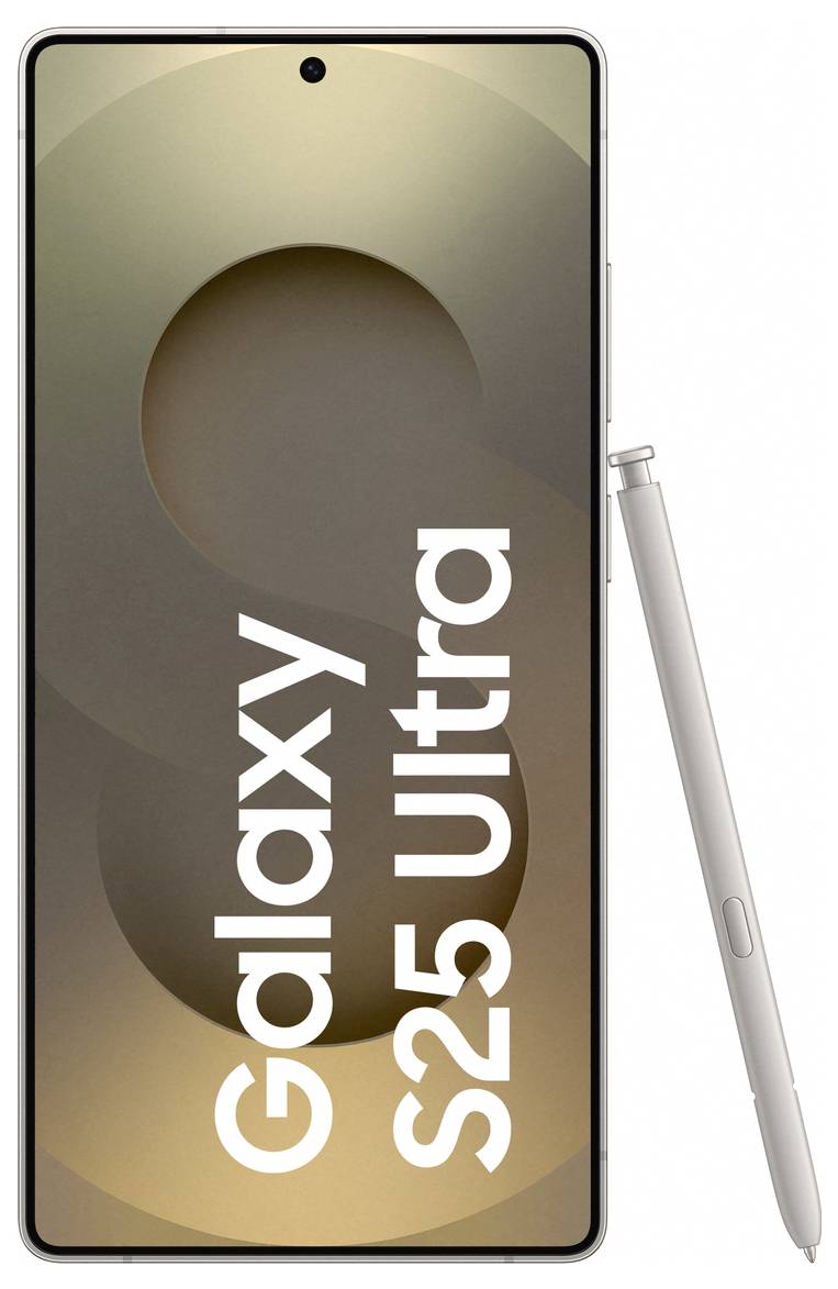 Smartphone 'Galaxy S25 Ultra' en or avec stylet, grand écran, caméra frontale centrée en haut.
