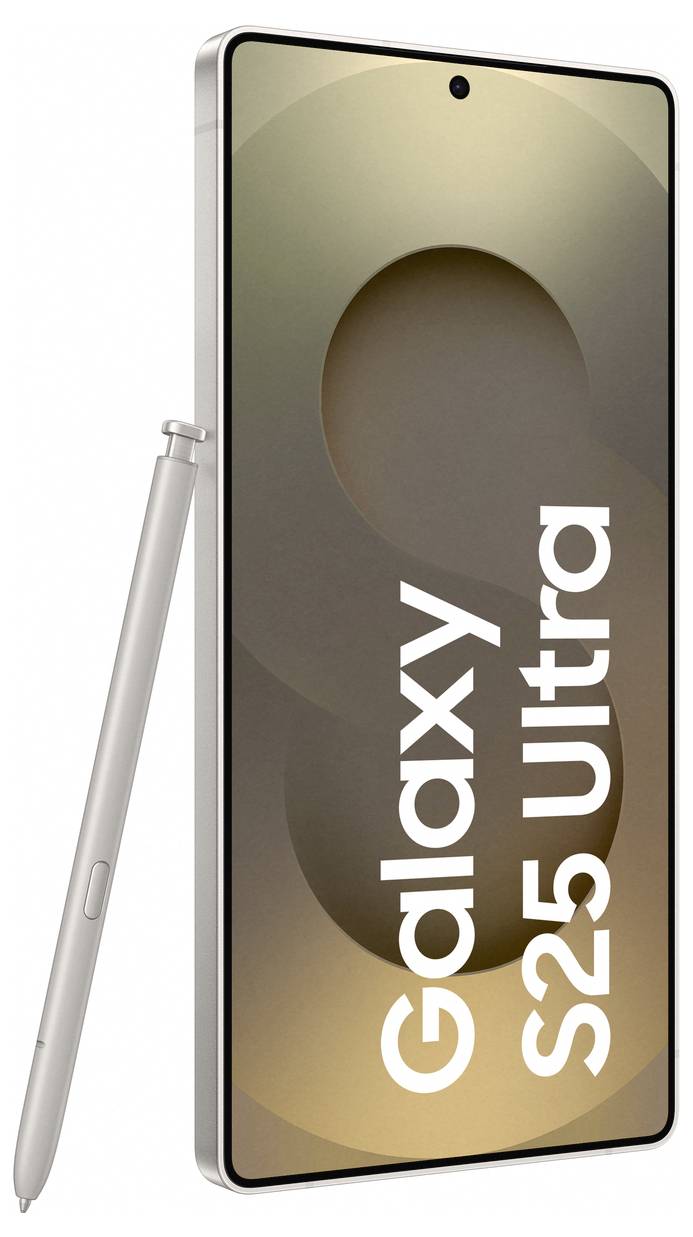 Smartphone 'Galaxy S25 Ultra' en argent avec stylet, présenté verticalement. La caractéristique principale est l'écran large avec des bordures minces.