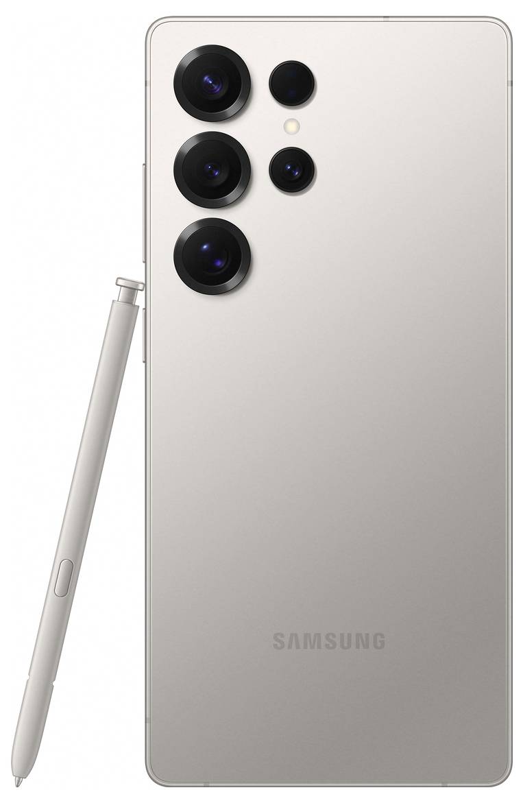 Smartphone avec quatre caméras et un stylet sur le côté. Couleur : Argent. Marque : Samsung.