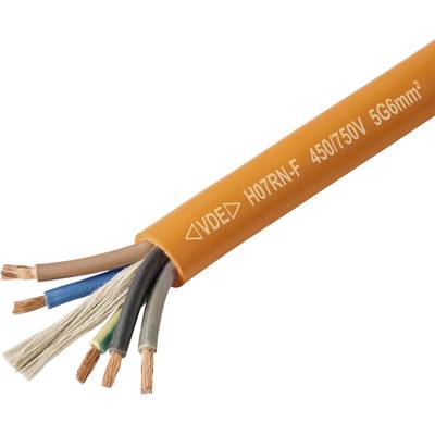 Un câble électrique orange avec des fils de cuivre nus, marqué « H07RN-F 450/750V 5G6 mm² », utilisé pour des applications industrielles robustes.