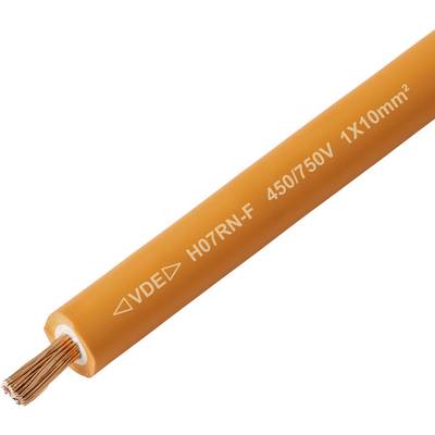 Un câble électrique orange marqué 'H07RN-F 450/750V 1x10mm²', indiquant ses spécifications de type, de tension et de dimension.