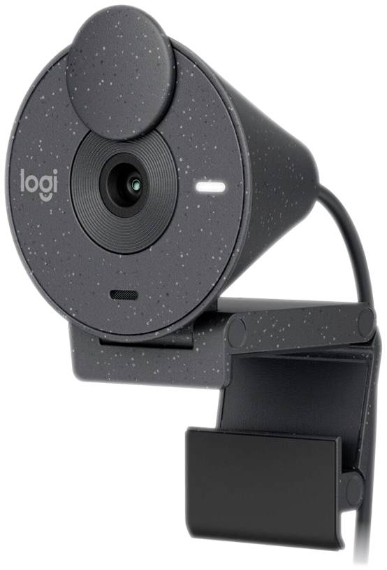 Une webcam grise avec support et câble. La caméra a une forme ronde, un large clip de fixation et le logo 'logi'.