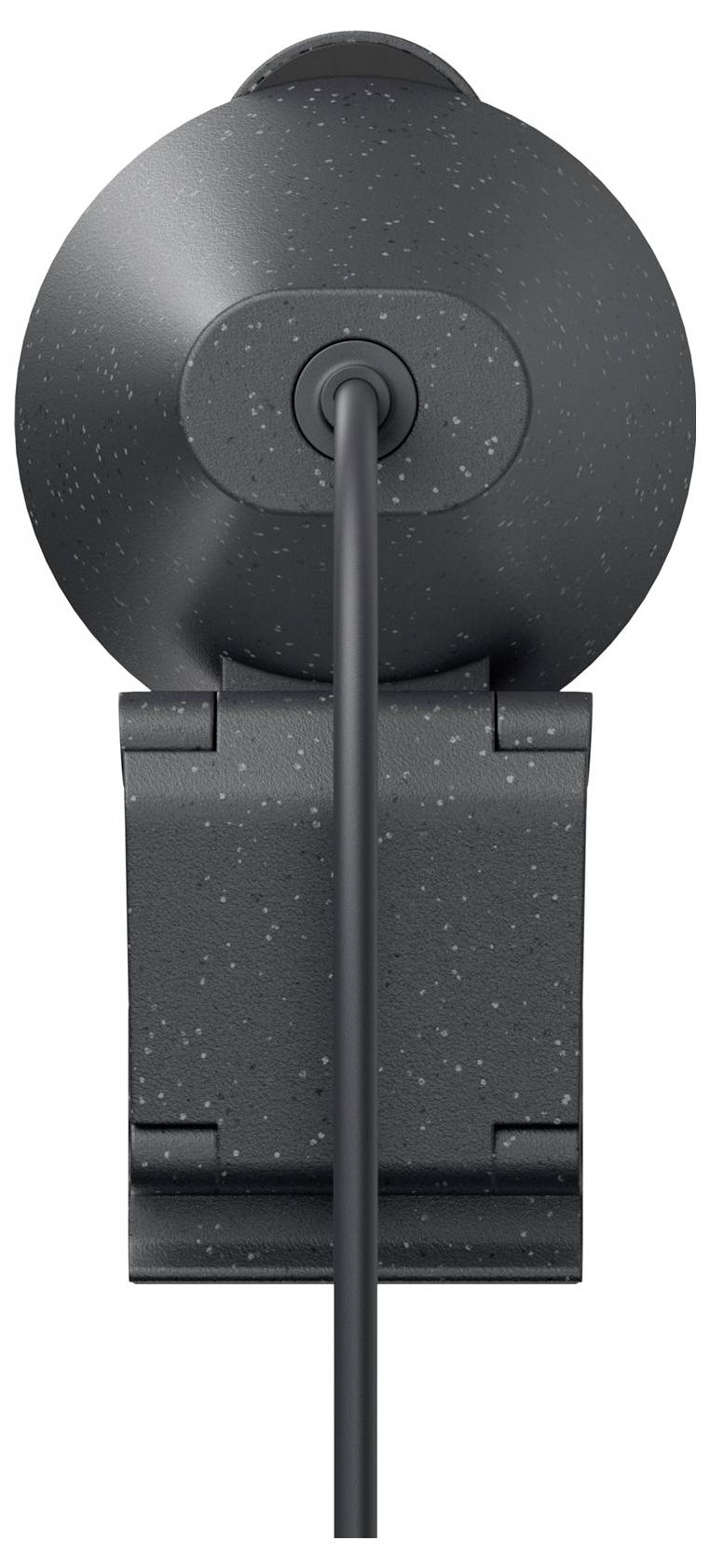 Une webcam noire, ronde, avec un câble connecté et un support à clip, vue de dos.