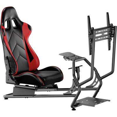 'Support de simulateur de course avec siège rembourré rouge et noir, support de volant et de pédales, ainsi que support de moniteur.'
