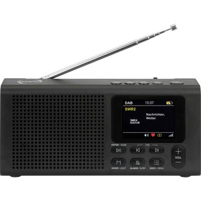 Une radio portable DAB noire avec une antenne télescopique. L'écran affiche « SWR2 Informations, Météo », heure 15:07.