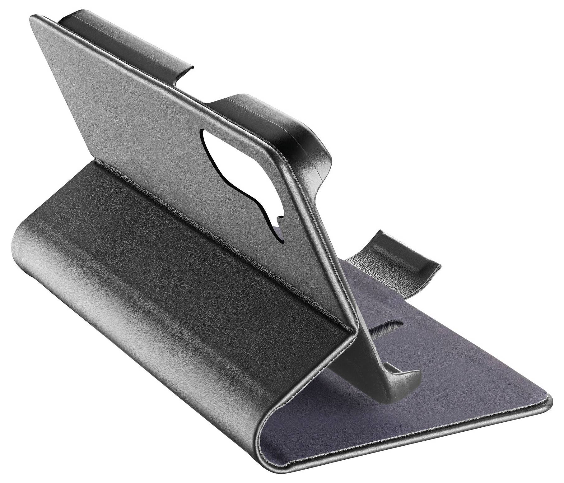 Étui de smartphone noir avec fonction support, posé sur une table.