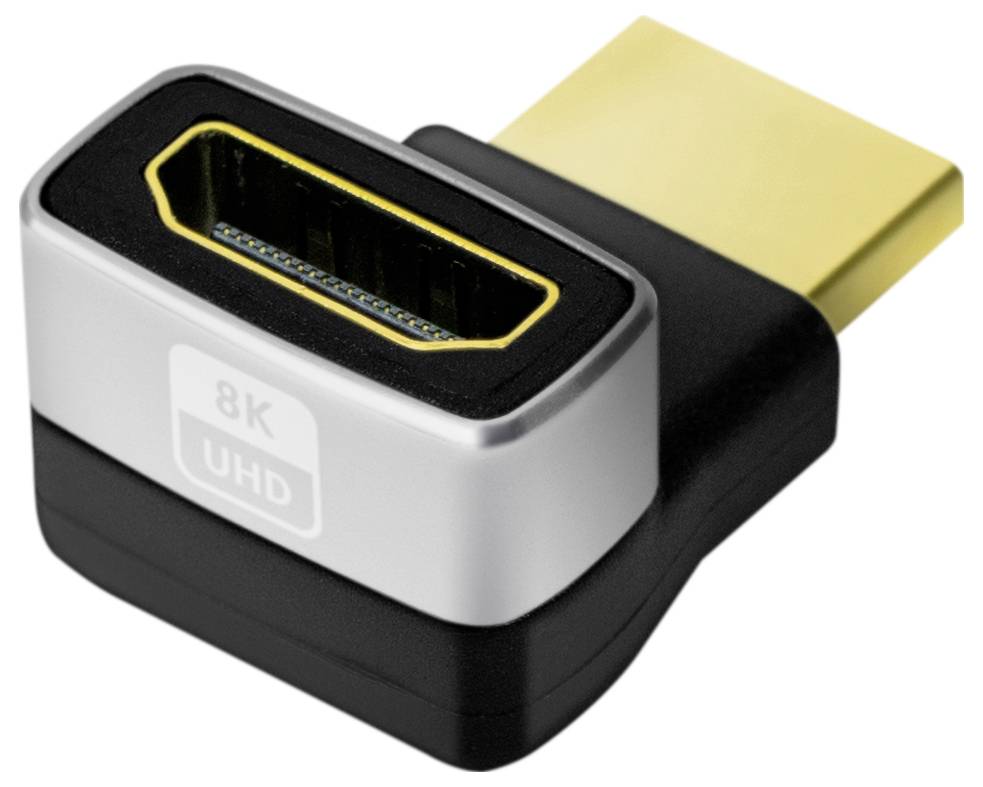 Un adaptateur HDMI pour 8K UHD, de couleur argent avec un contour jaune autour du connecteur, portant l'inscription '8K UHD'.
